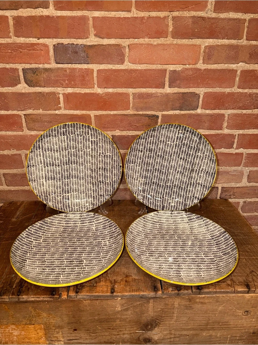 OKA Mustard Yellow Ochre Dash Herringbone Dinner Plates Teal Rim Set of 4